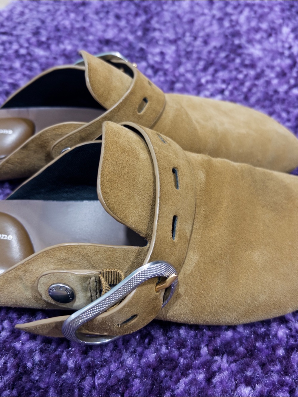 rag & bone Women's Suede Slip-On Clogs in Tan with Buckle - Picture 3 of 4